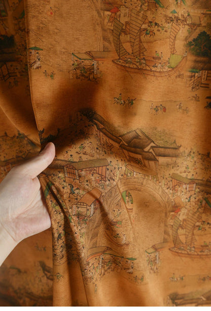 Tissu en coton pour la fête de Qingming : imprimé paysage fluvial, 140 cm de large