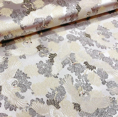 Blue Crane Jacquard Satin Fabric: Antique Cheongsam Sewing Fabric