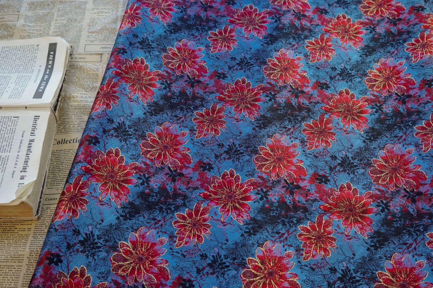 Gold Thread Floral Jacquard Fabric: Blue & Red Costume Dress Material