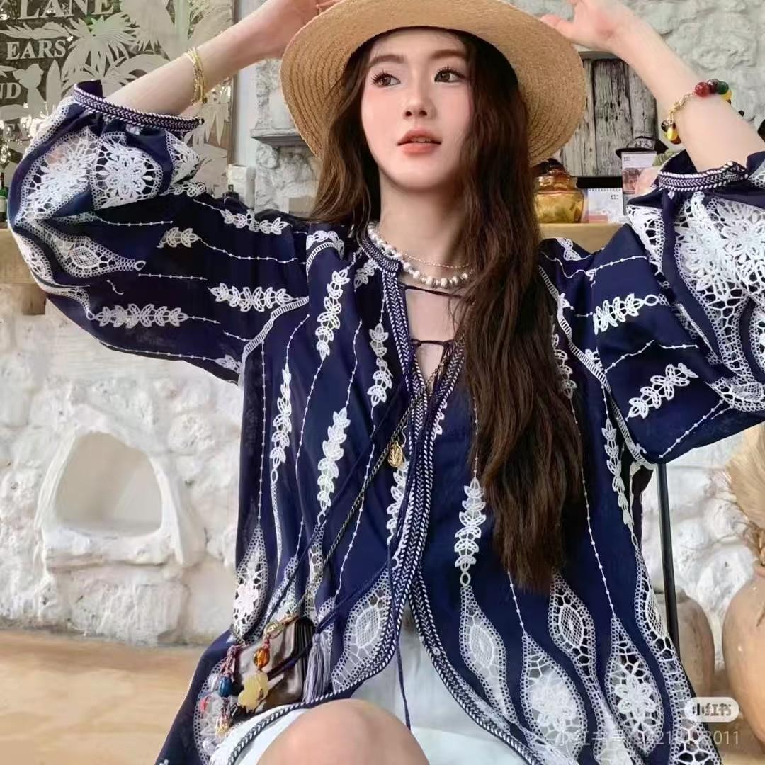 Japanese Embroidery Style Fabric: Navy Floral Polyester, 49" Wide