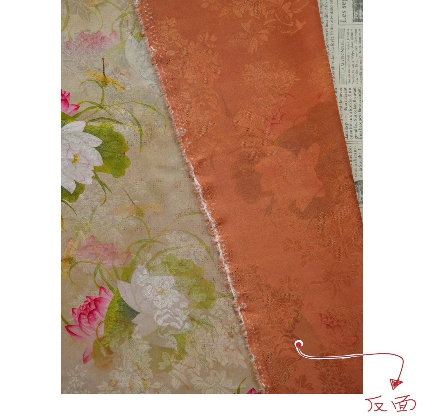 Lotus Flower Tea Silk Satin Fabric: 55"W Digital Print