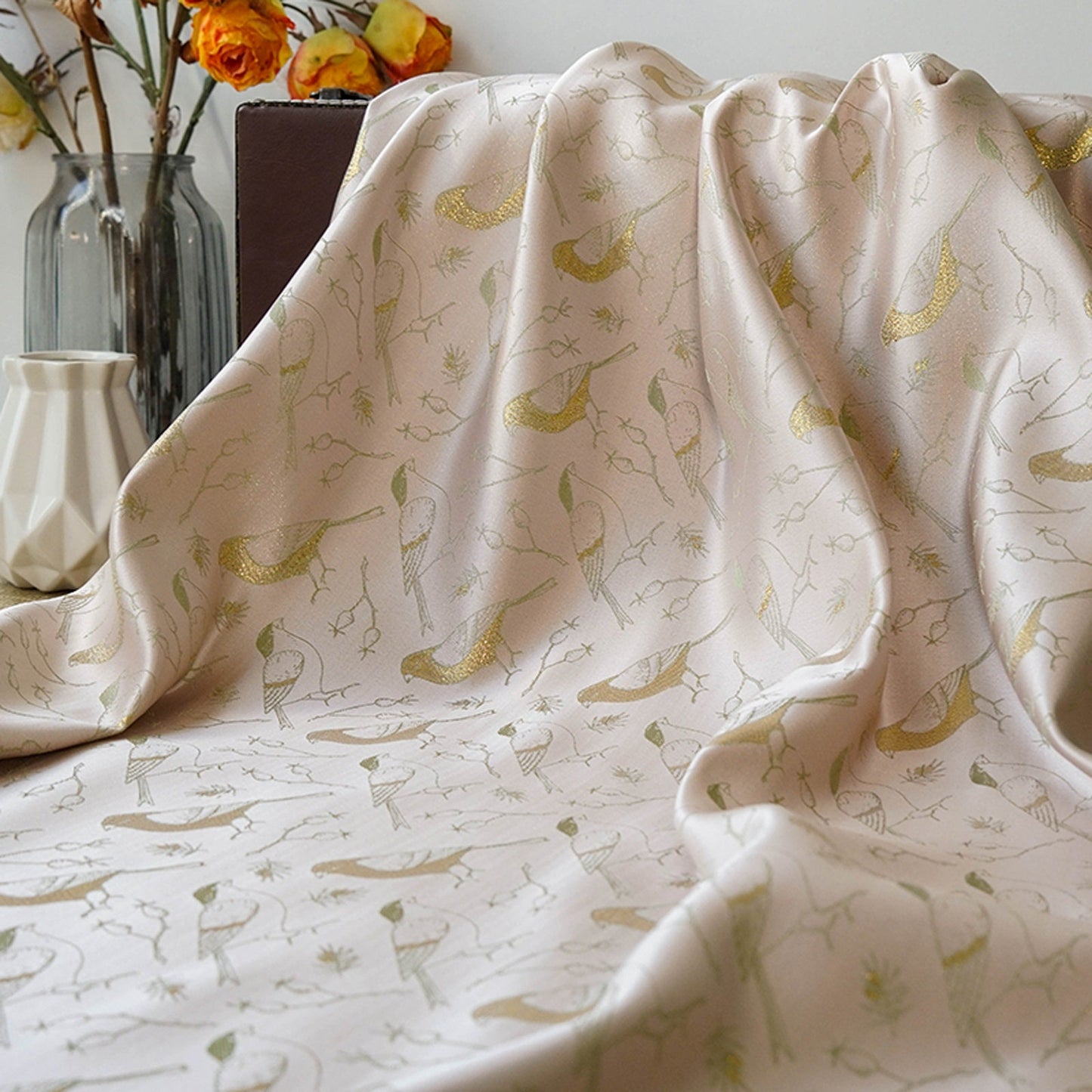 Birds Jacquard Satin Fabric: Brocade Sewing Material, 59"W