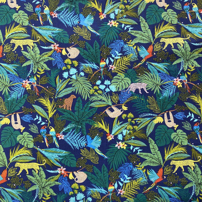 Tissu en coton tropical : imprimé paresseux, léopard, perroquet (58" de large)
