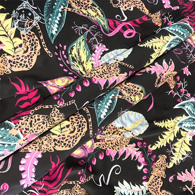 Leopard Print Satin Chiffon Fabric: Black Animal Print, 59" Wide