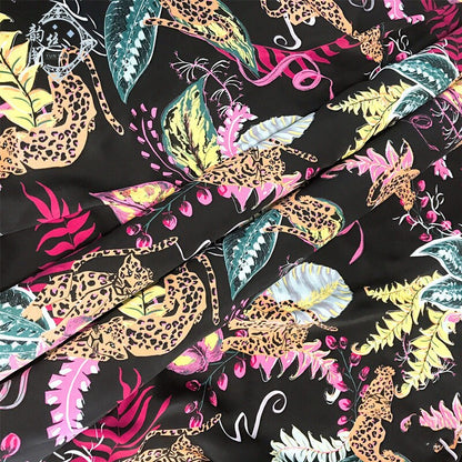 Leopard Print Satin Chiffon Fabric: Black Animal Print, 59" Wide