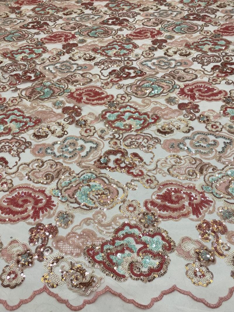 Auspicious Cloud Sequin Embroidery Fabric: Soft See-Through Polyester