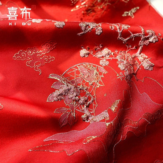 Red & Gold Jacquard Fabric: 3D Texture Designer Fabric, 56" Wide