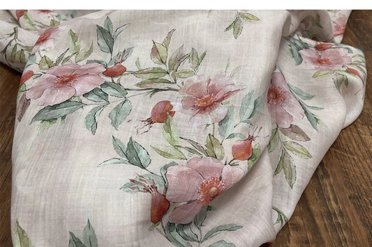 Tissu ramie imprimé pivoine : fibre naturelle pour la couture, 140 cm de large