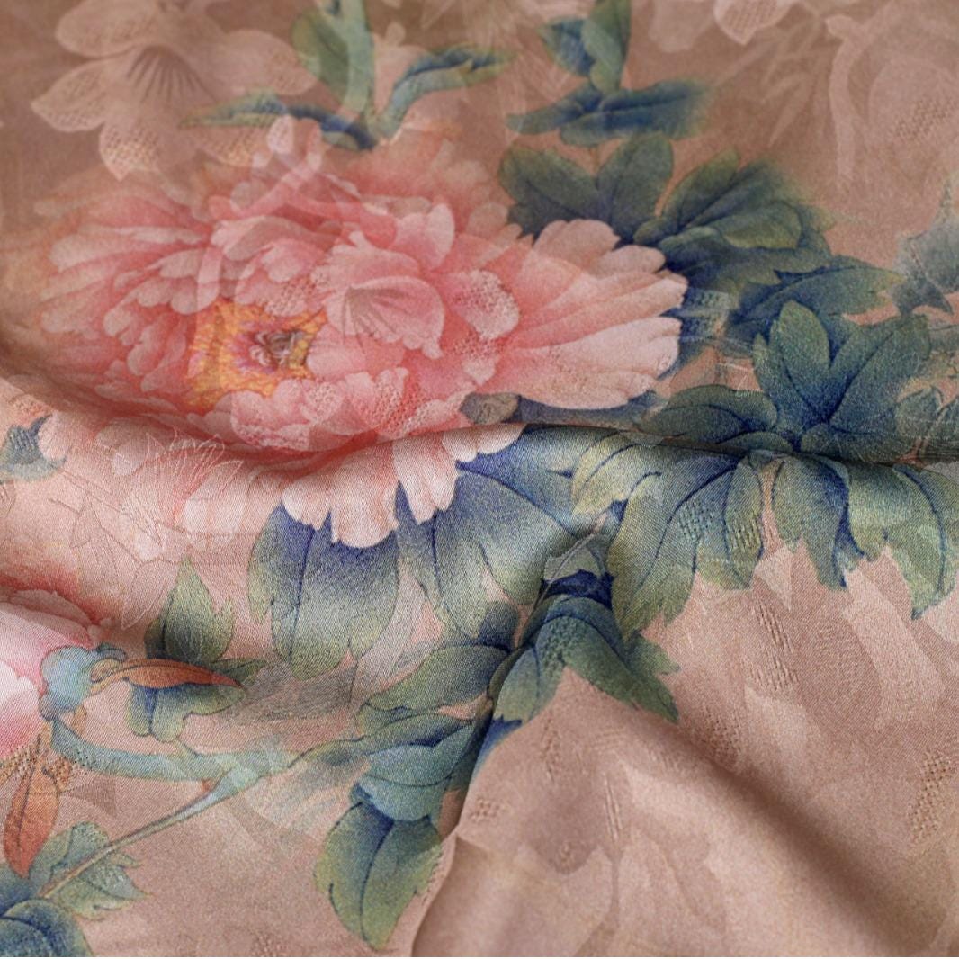 Floral Butterfly Print Fabric: Gambiered Canton Gauze Tea Silk