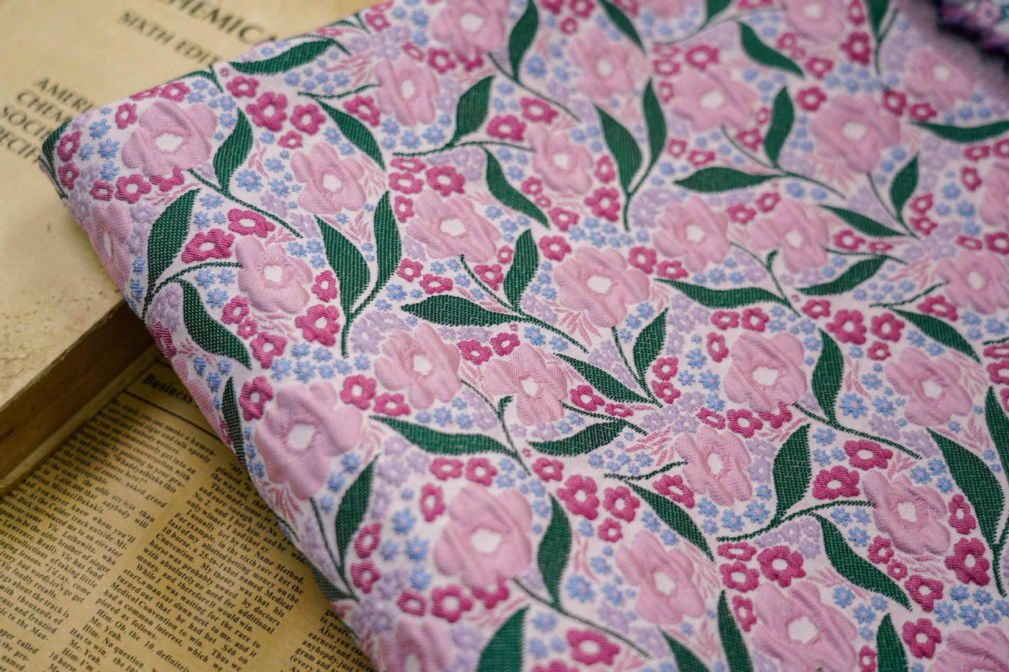 Pink Flower Jacquard Fabric: Embossed 3D Floral Design, 55" Wide