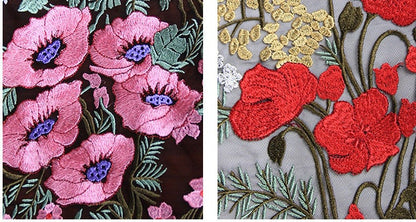 Floral Embroidered Lace Fabric: Pink, Red, Gold Flowers on Black Net (43"W)