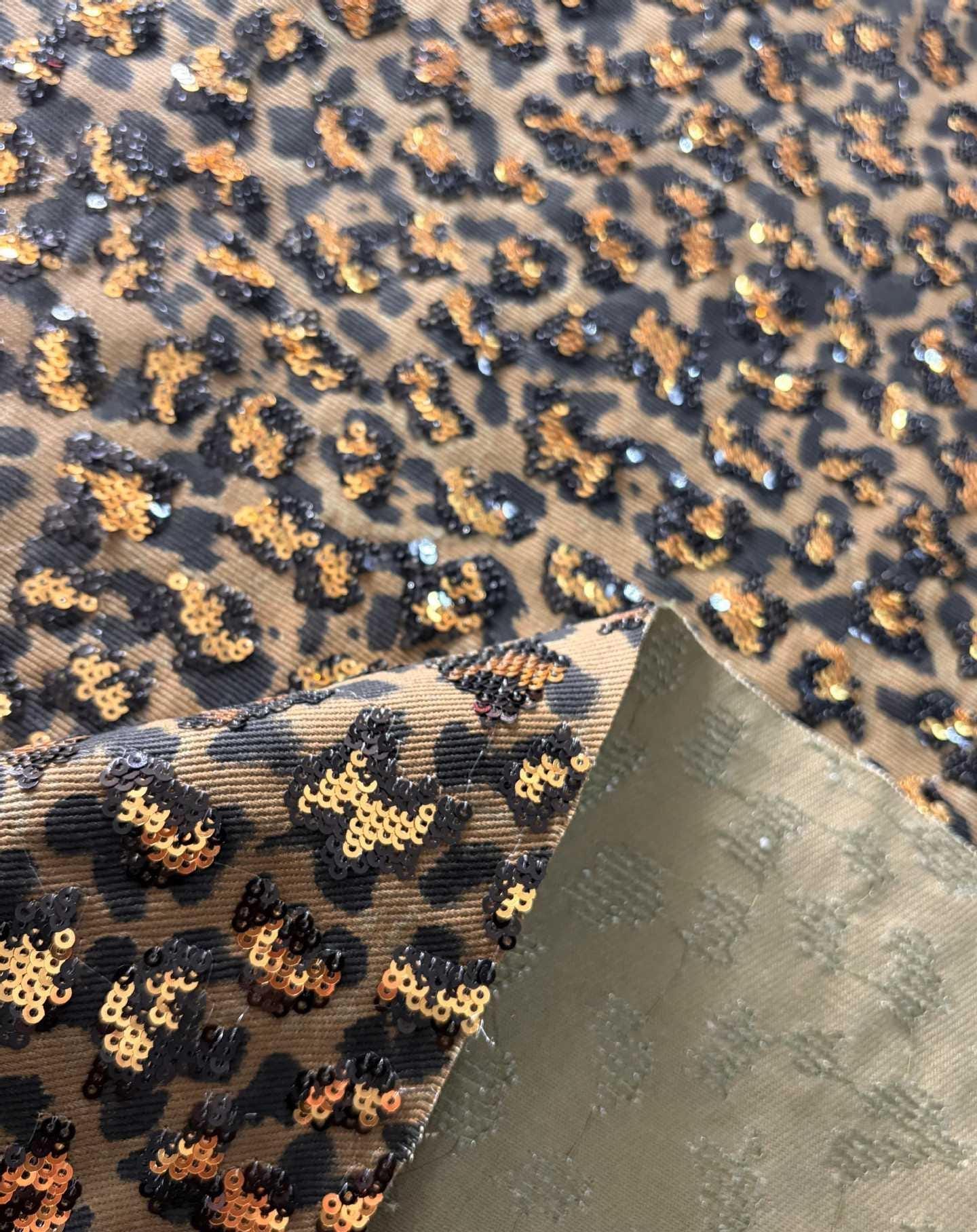 Leopard Print Cotton Denim Fabric ��� Sequin Embroider" Wide