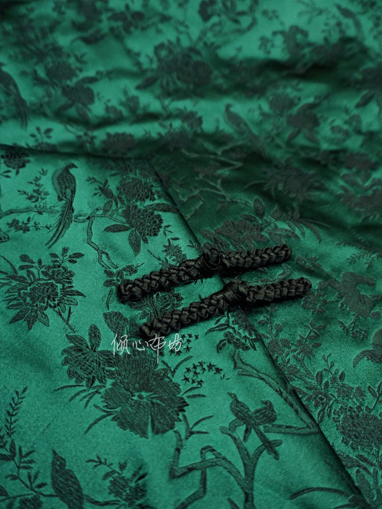 Jade Green Brocade Fabric: Bird & Azalea Design, Cheongsam Material