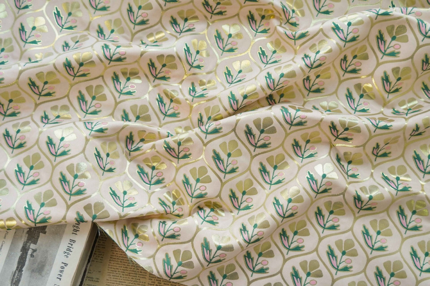 Gold Floral Jacquard Fabric: Embossed Flower Pattern, 60" Wide