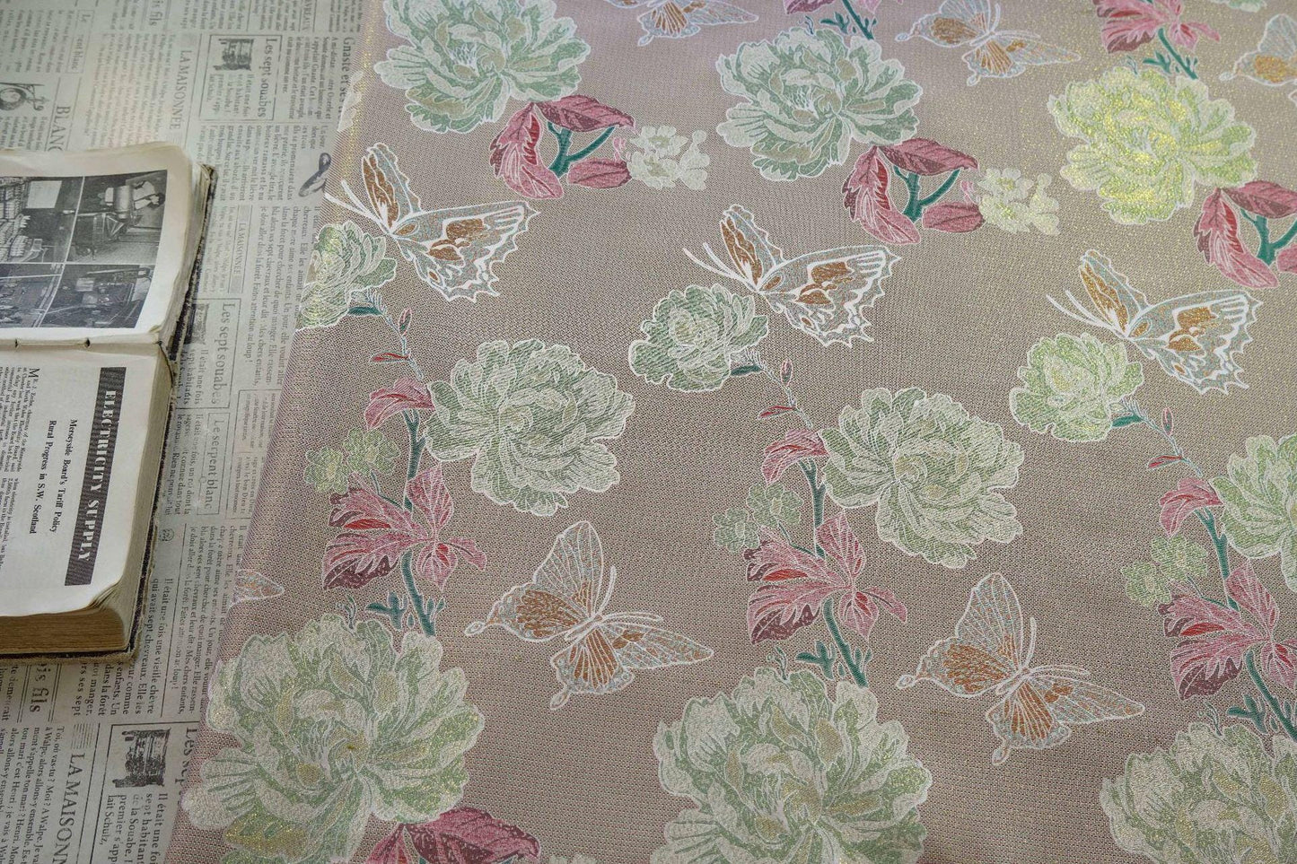 Gold Thread Floral & Butterfly Woven Fabric ��� Colorwoven Jacquard Textile for Dress, Quilting, Upholstery, DIY Sewi" Wide