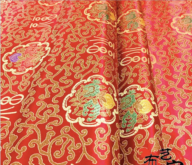Tissu brocart pêche de longévité chinois : rayonne rouge et or, 75 cm de large
