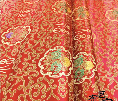 Tissu brocart pêche de longévité chinois : rayonne rouge et or, 75 cm de large