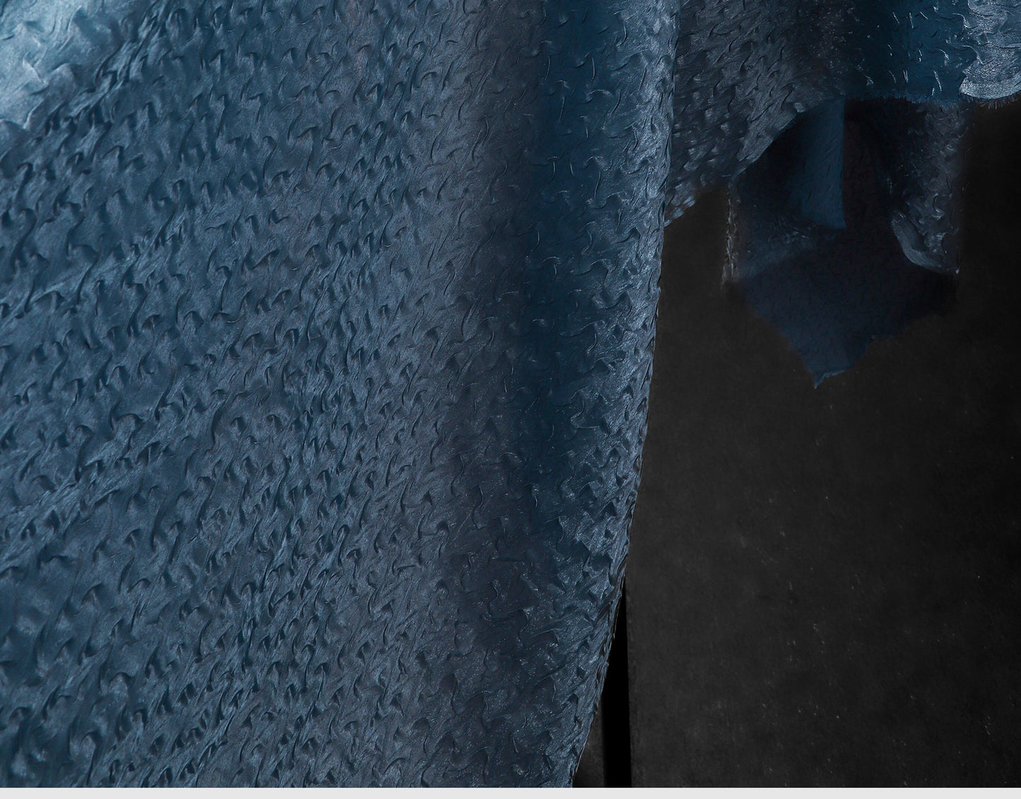 Sea Blue Crepe Mesh Fabric, 3D Wavy Pleated Designer Fabric