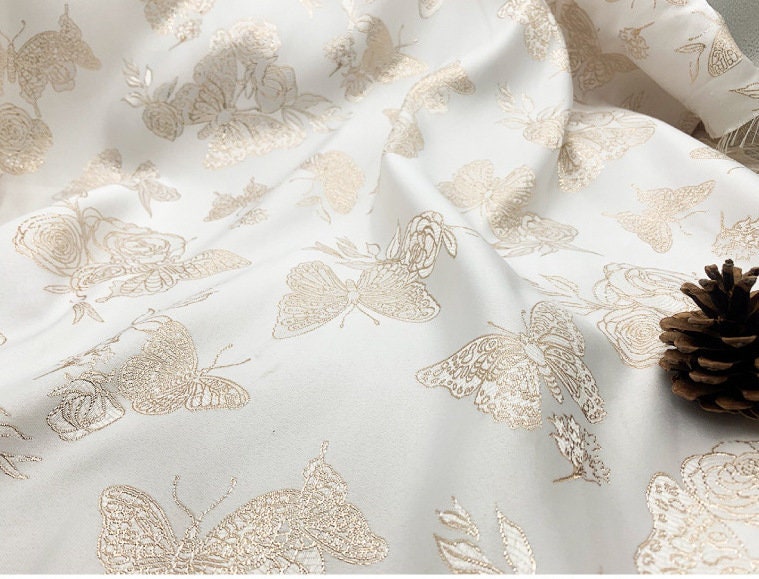 Gold Butterfly Jacquard Fabric: 59"W Beige Rayon Dress Fabric