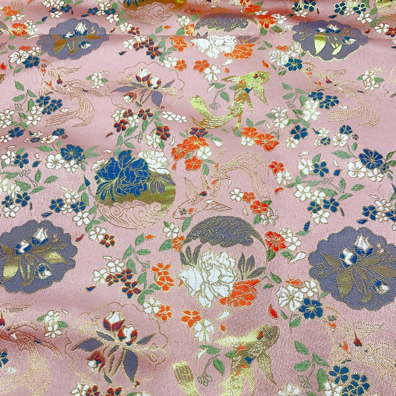 Nishijin Japanese Brocade Fabric: Goldfish Floral Jacquard, 59" Wide