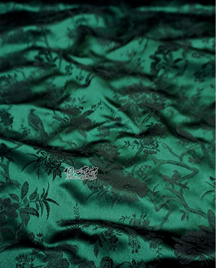Jade Green Brocade Fabric: Bird & Azalea Design, Cheongsam Material