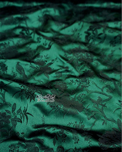 Jade Green Brocade Fabric: Bird & Azalea Design, Cheongsam Material
