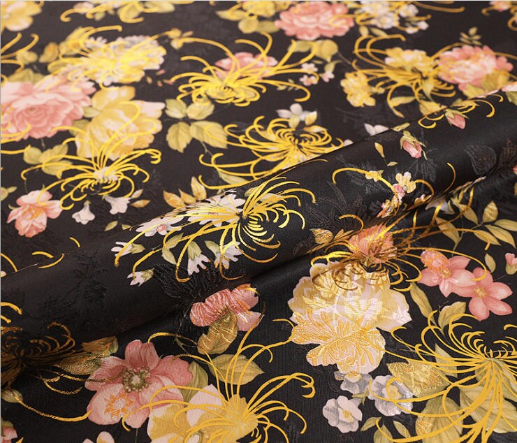 Chrysanthemum Silk Brocade Fabric: 59"W Floral Damask, Upholstery & Sewing