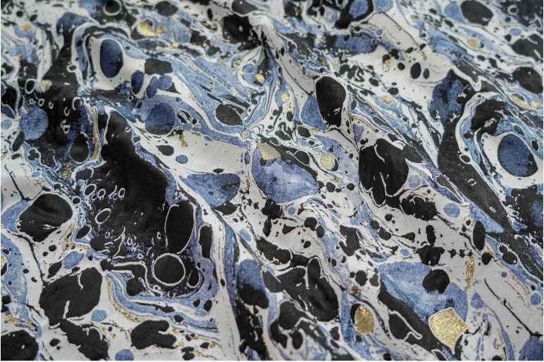 Blue Black Gold Splash Ink Jacquard Fabric: 59"W Upholstery