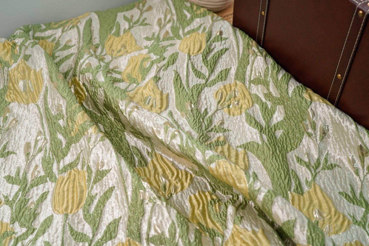 Floral Jacquard Fabric: Gold Thread 3D Texture, 55" Wide