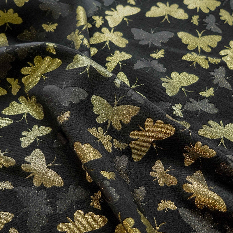 Gold Butterfly Jacquard Fabric: Embossed Woven Upholstery, Costume, Curtain, Bag, Dress (55"W)