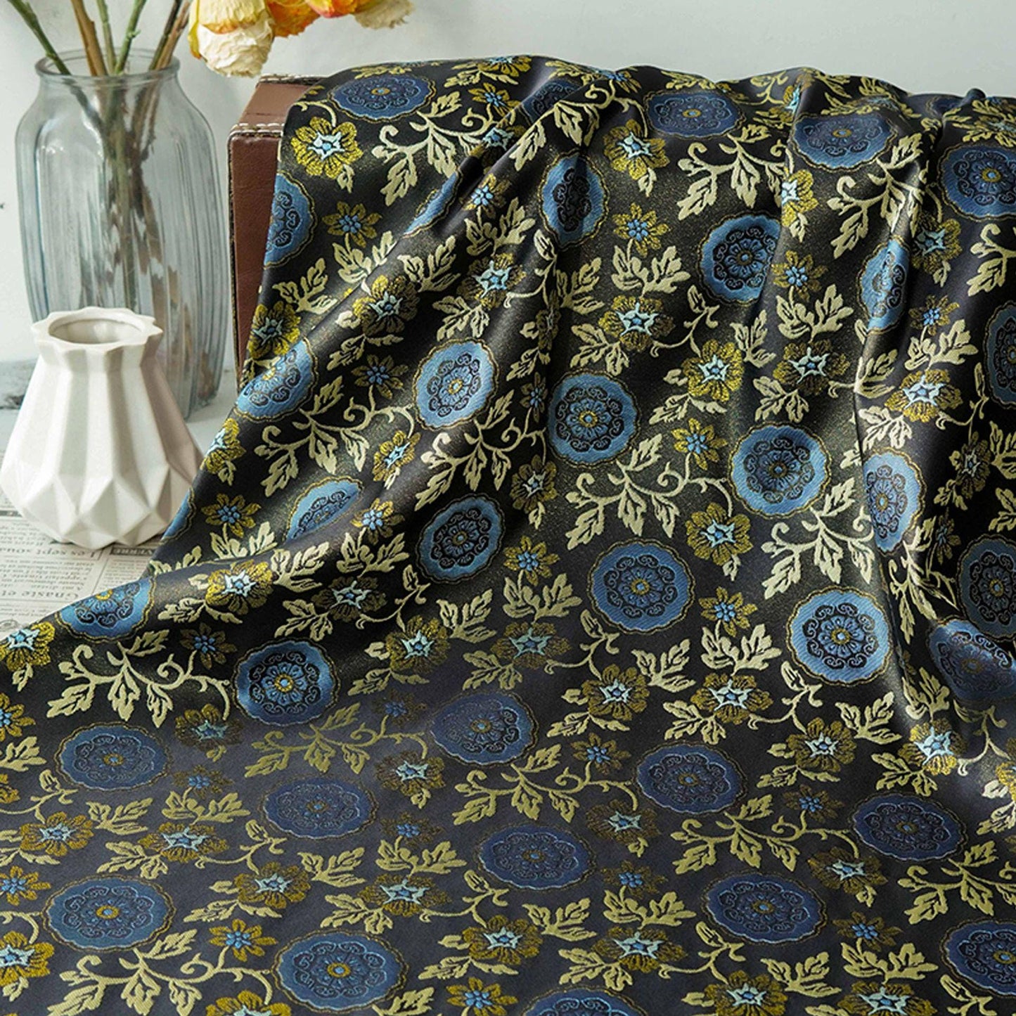 Botanical Song Jin Brocade Textile - Woven Creeping Vine and Small Flowers Design, 59"Wide