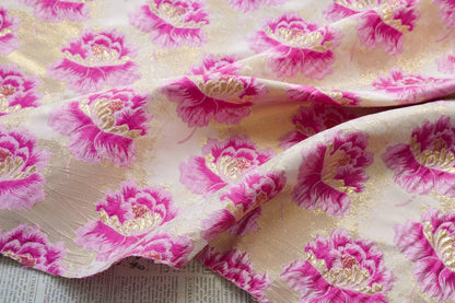 3D Embossed Peony Jacquard Fabric with Gold & Silver Threads, Woven Upholstery Fabric, 58"Wide