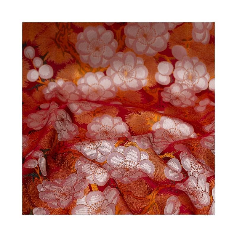 Nishijin Crane Sakura Fabric: Gold Jacquard Silk Brocade, 59" Wide