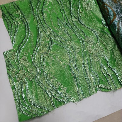 Green Jacquard Fabric with Gold Thread: Deer & Floral Design, 55" Wide