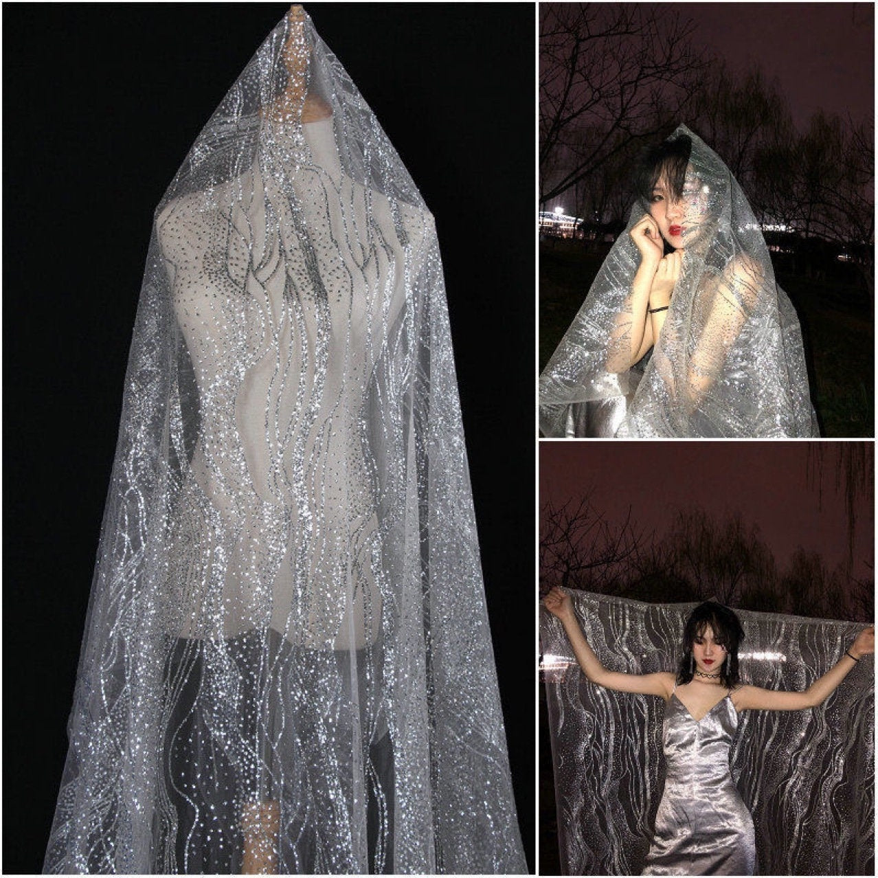 Glitter Mesh Fabric, Silver Geometric Lace for Bridal Veil, 55"W