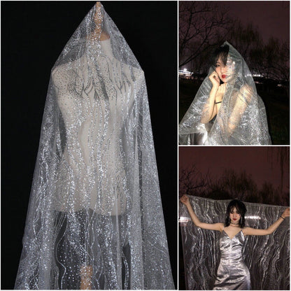 Glitter Mesh Fabric, Silver Geometric Lace for Bridal Veil, 55"W