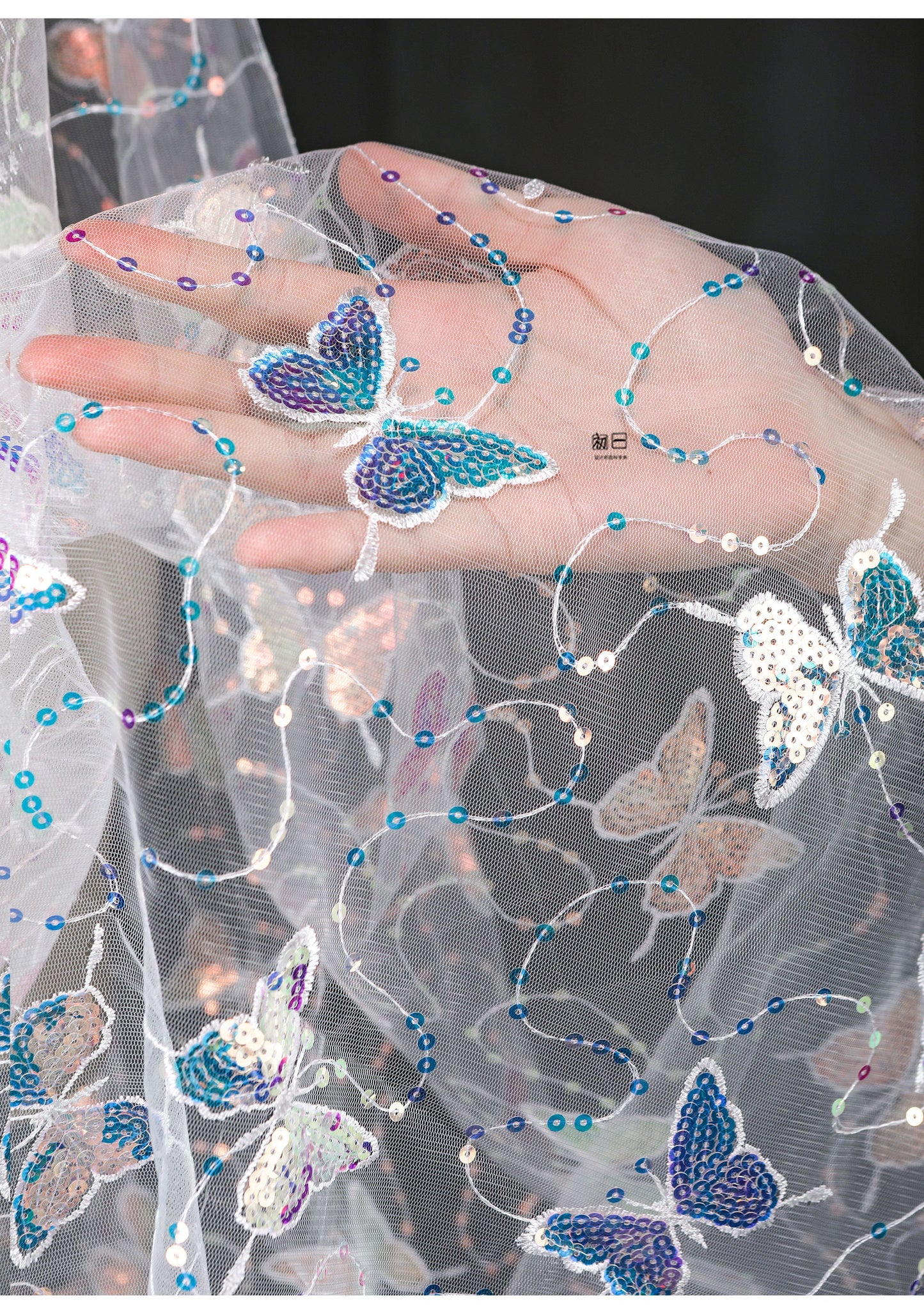 Butterfly Sequin Embroidered Mesh Fabric, See-Through Designer Fabric
