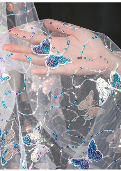 Butterfly Sequin Embroidered Mesh Fabric, See-Through Designer Fabric