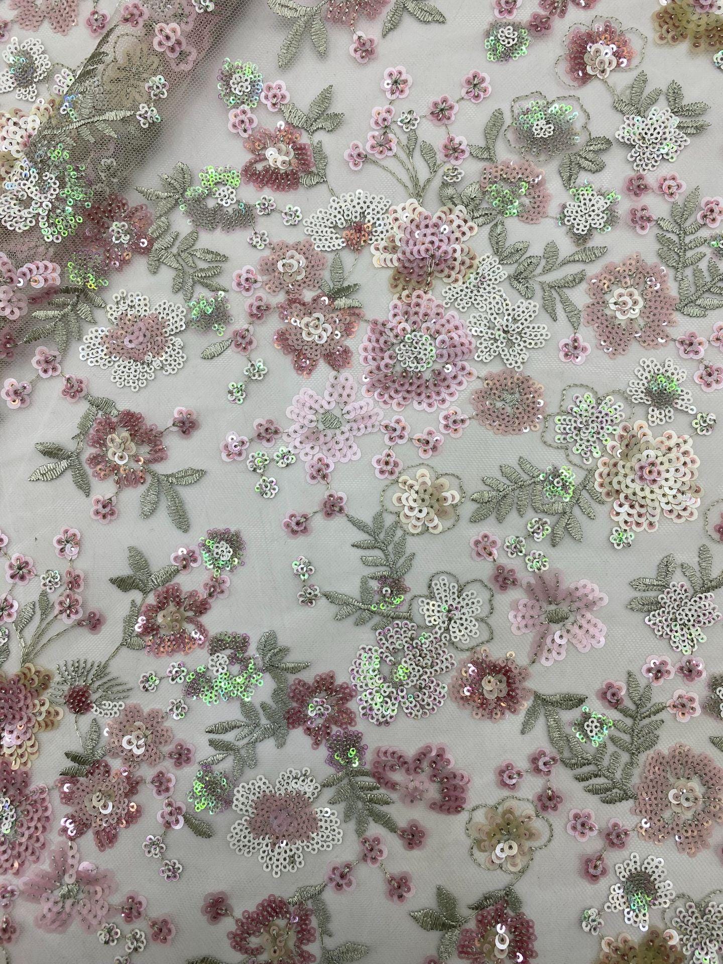 Floral Sequin Embroidered Mesh Lace Fabric, Pink Girly Dress, 49"W