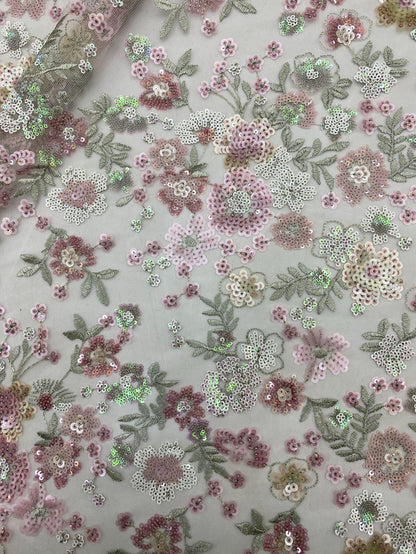 Floral Sequin Embroidered Mesh Lace Fabric, Pink Girly Dress, 49"W