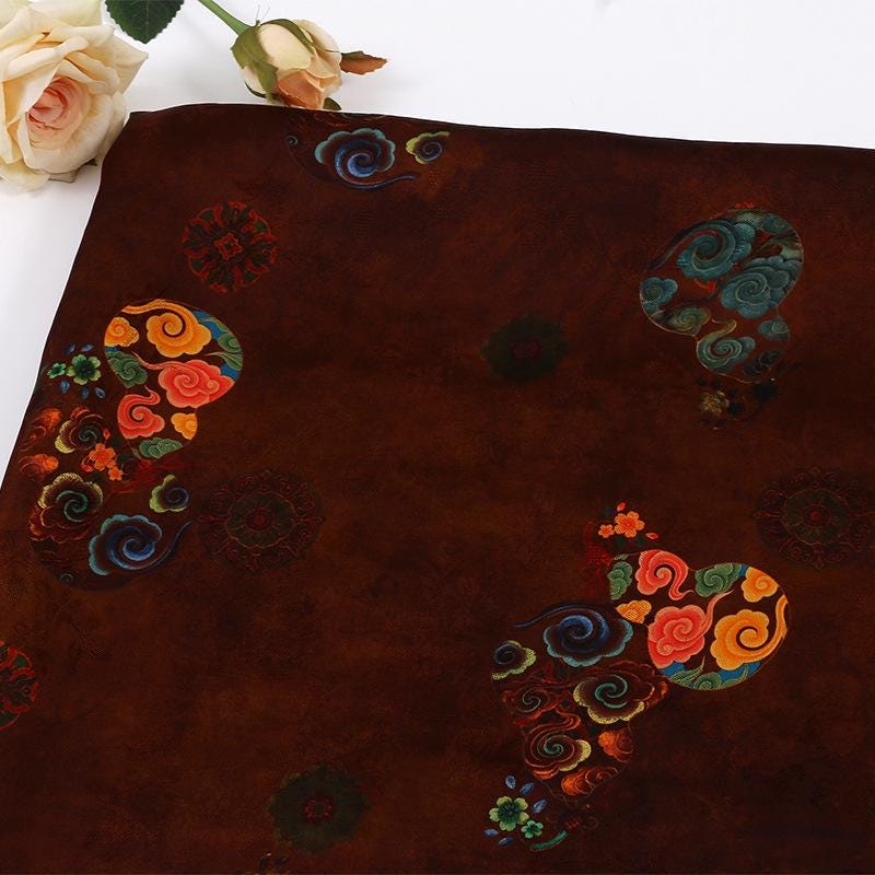 Brown Silk Fabric: Gourd Xiangyun Print, Cheongsam Dressmaking, 59" Wide