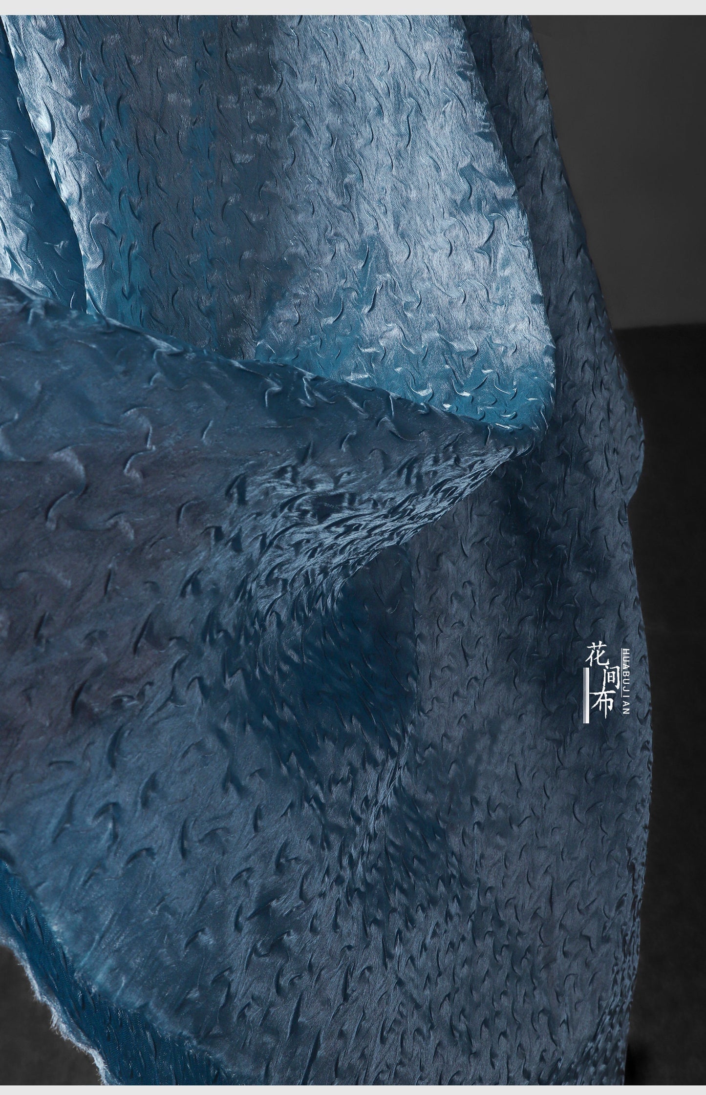 Sea Blue Crepe Mesh Fabric, 3D Wavy Pleated Designer Fabric