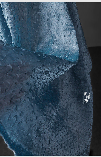 Sea Blue Crepe Mesh Fabric, 3D Wavy Pleated Designer Fabric