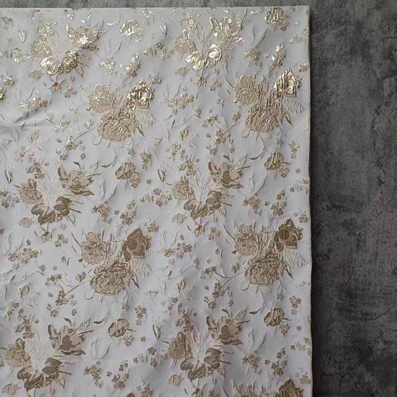 White Peony Jacquard Fabric: Embossed Gold Thread, 59" Wide