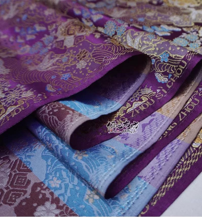 Nishijin Crane Kinran Fabric: Black Jacquard Silk Brocade Damask