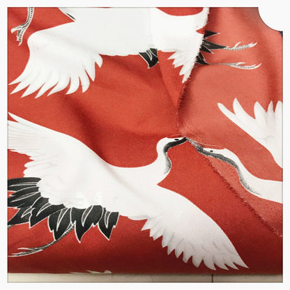 Japanese Crane Print Fabric: Polyester Kimono Dress Fabric - 1 Meter