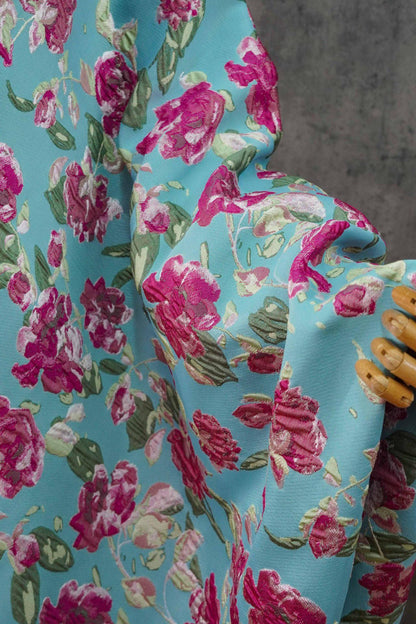 Blue Floral Embossed Jacquard Fabric ��� 3D Textur" Wide