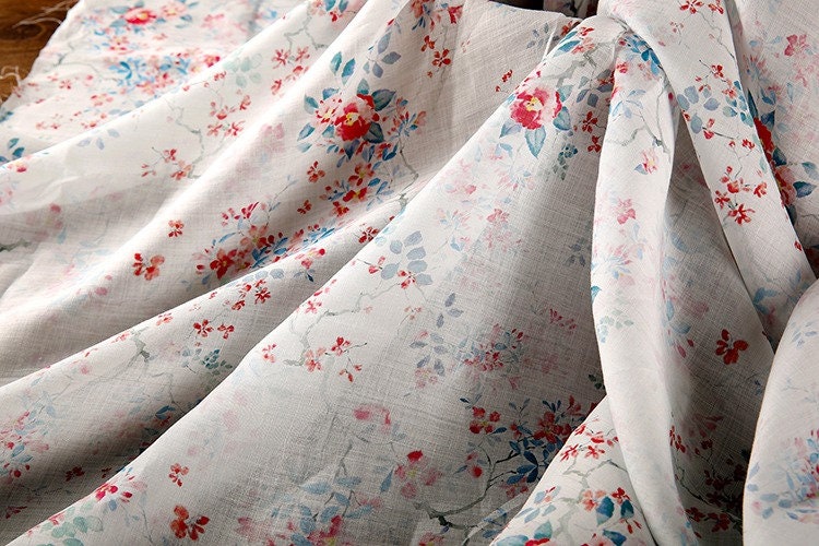 Floral Ramie Fabric: White Cotton Flower Print, 57" Wide