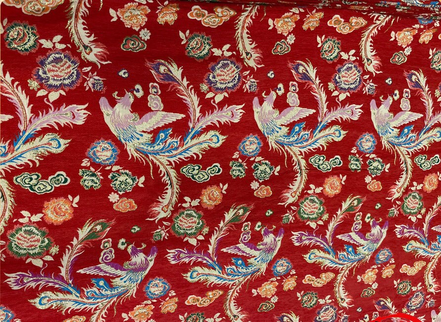 Red Phoenix Jacquard Satin Fabric: 59"W Silk Brocade, Upholstery & Sewing