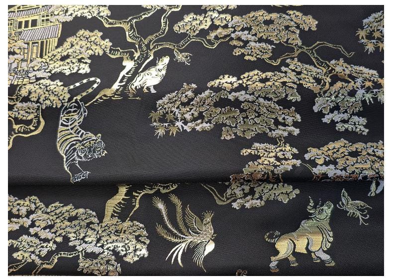 Gold Woven Tiger Jacquard Fabric with Dragon Ox Elements ��� Fashion & Decor Texti"Wide
